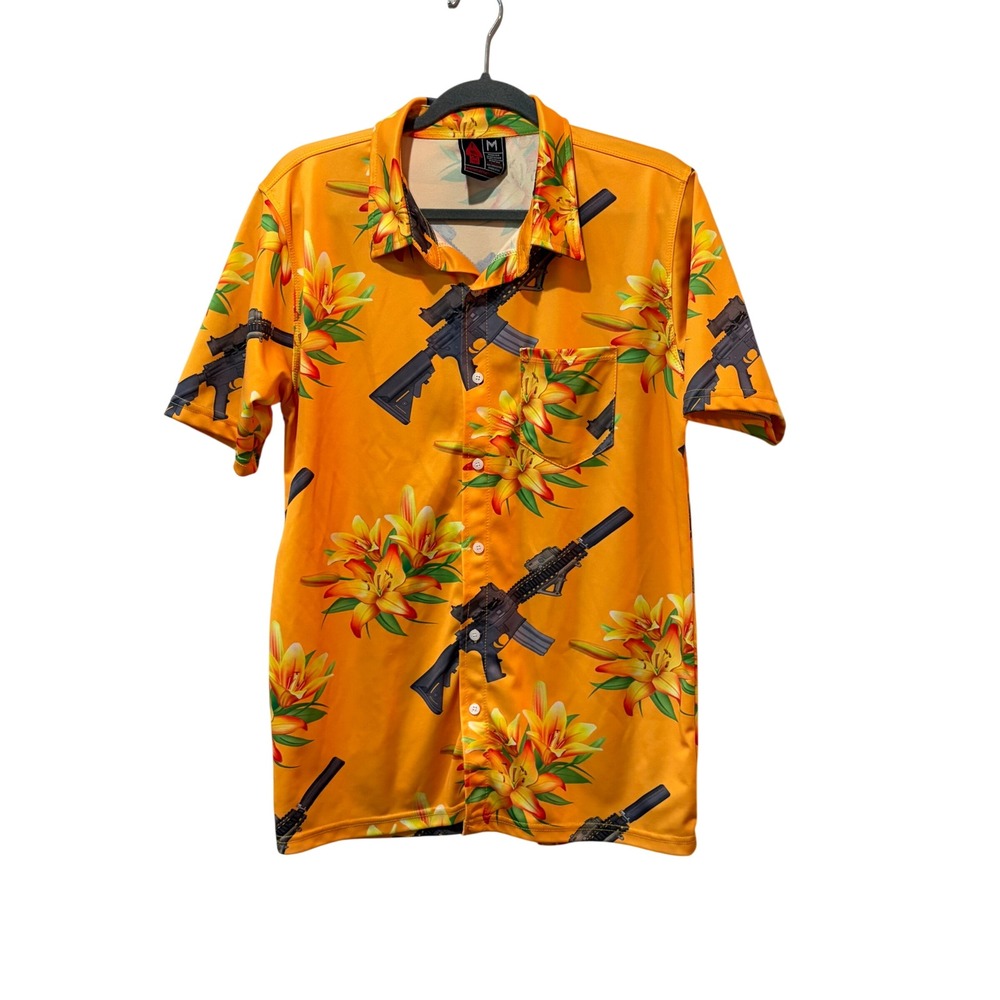 OAF Nation‎ Button Up Shirt Mens Medium Orange Tropical Rifle Floral Hawaiian